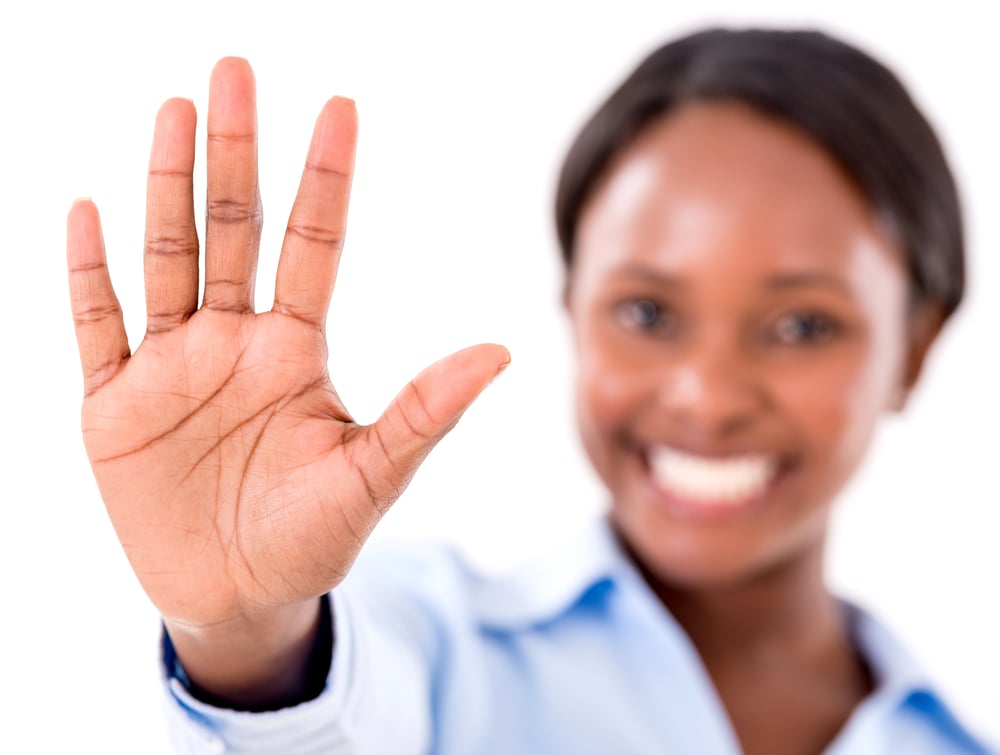 Business woman making talk to the hand gesture - isolated over white